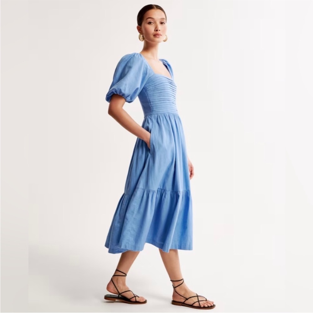 Abercrombie & Fitch Emerson Blue Midi Puff Sleeve Dress